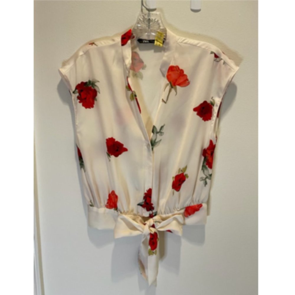 ZARA ROSE PRINT TIE-WAIST TOP, Size S